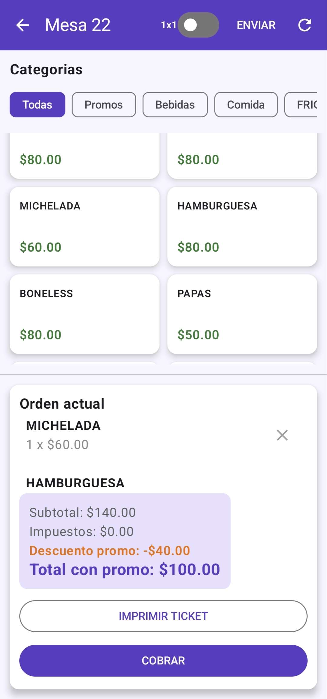 Comandera movil real de TEKAL con categorias, orden actual y flujo de cobro