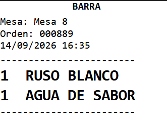 Orden impresa de TEKAL para barra